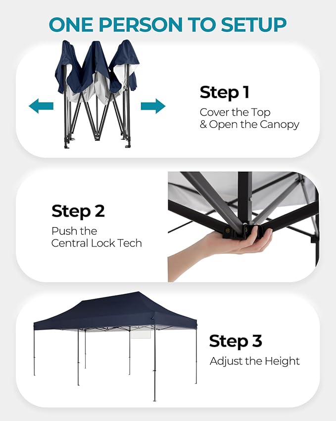 10x20 Pop Up Canopy Tent with Roller Bag, Easy Set Up, Waterproof Commercial Shelter, 6 Stakes & 6Sandbags & 6 Ropes, Silver Coated Top, Navy Blue