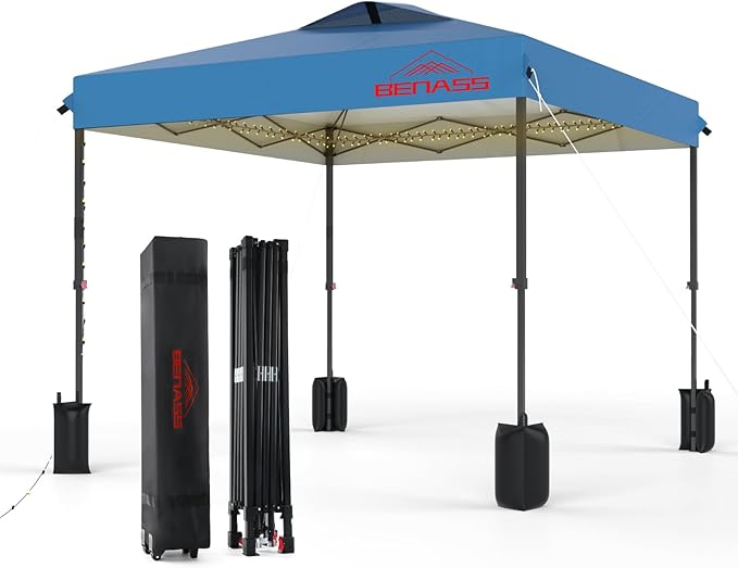 8x8 Pop Up Canopy with Sidewalls, Easy Up Canopy Tent, Heavy Duty Tents for Parties, One Person Set Up Event Tent, Light Blue
