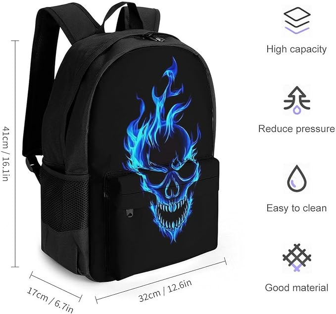 Polyester Daypack for Camping Travel Walking Cycling, Big Capacity Anti-Theft Multipurpose Bookbag, Skull Blue Fire Camping Outdoor Backpack