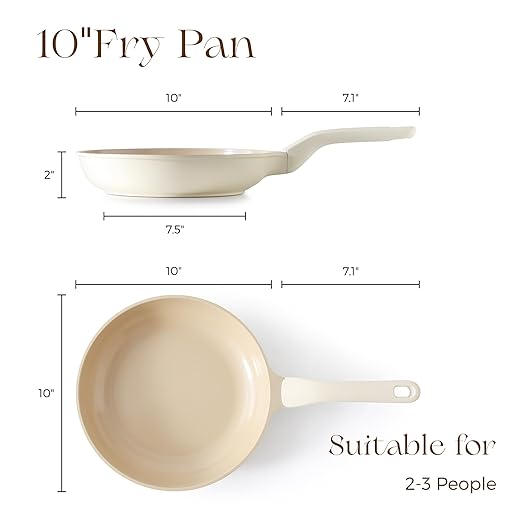 PRICUSIS Nonstick Ceramic Frying Pan, 8/10 Inch Skillet with Stay Cool Handle, Fully Coated, Induction Compatible & Oven Safe, 100% Dishwasher Safe, PTFE PFAS & PFOA Free（10 Inch, Coconut White）