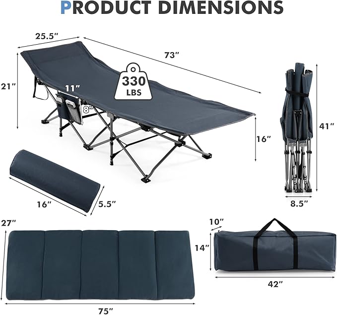 Tangkula Camping Cot for Adults, Folding Sleeping Cot with Removable Mattress, Pillow, Side Pocket, Portable Indoor Outdoor Cot Bed with Carry Bags for Travel, Camp, Office, Home (Blue)