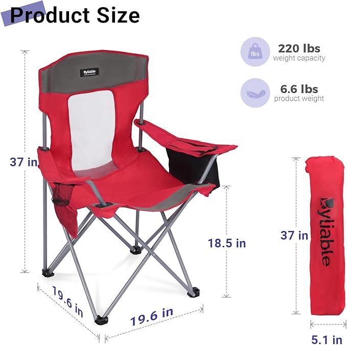 Camping Chairs Portable Folding Lightweight Outdoor Lawn Chair for Adults with Cooler Bag, Cup Holder and Side Pocket for Camping, Beach, Sports, Hiking, Fishing