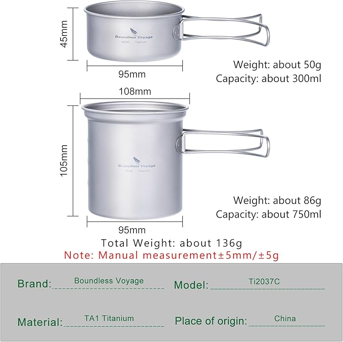 iBasingo Backpacking Cookset Titanium Camping Pots Set Ultralight Outdoor Picnic Pots Pans with Folding Handle Druable Portable Cooking Mess Kit Compact Picnic Dishes Bowls Cups (Multiple Sizes)