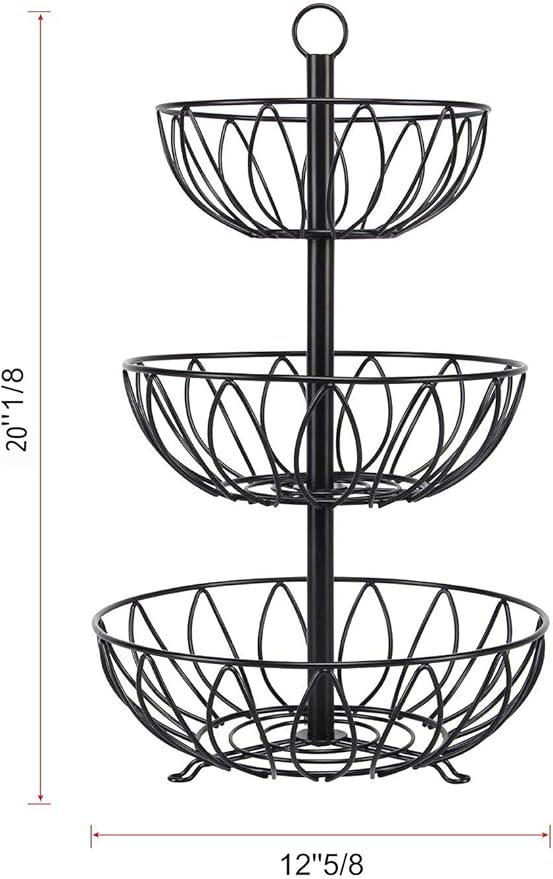 Rice rat 3-Tier Fruit Bowl Metal Wire Fruit Basket Bread Vegetable Organizer Storage Organizer Black Cast Iron