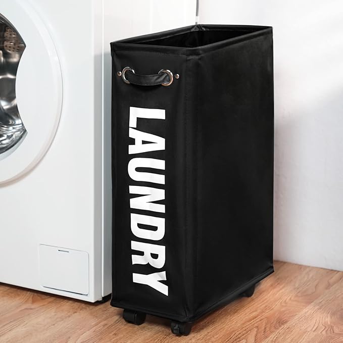 DOKEHOM 25-Inches Slim Laundry Basket on Wheels, Collapsible Rolling Laundry Hamper, Foldable Narrow Corner Clothes Storage Bins (Black)