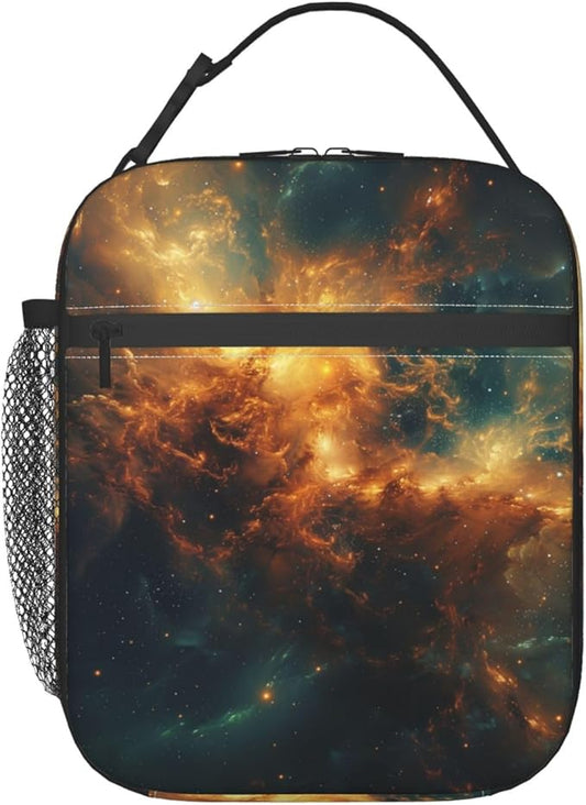 Galaxy Lunch Box for Kids Aldults, Cosmic Space Reusable Thermal Insulation Cooler Tote Bags, Golden Nebula Star Field Pattern Insulated Bag for Student, School Picnic Camping Travel, Gifts