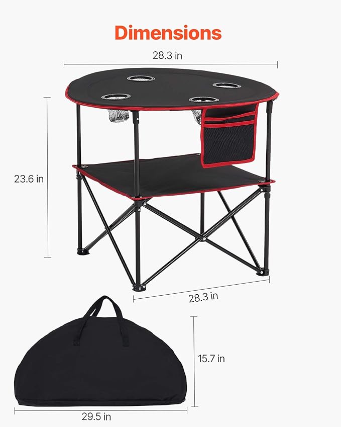 VEVOR Folding Camping Table, Portable Outdoor Lightweight Picnic Table, 600D Oxford Fabric Waterproof Canvas Travel Beach Tables, with 4 Cup Holders, Carry Bag, for Tailgating Camping Picnic, Black