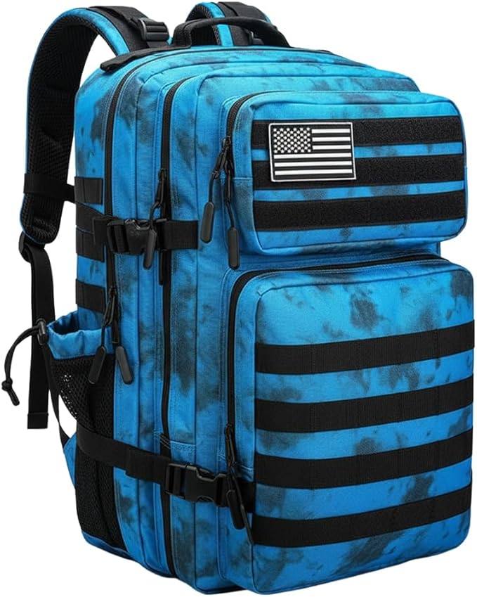 Military Tactical Backpack 45L Bug Out Bag Assault Pack Molle Daypack Hiking Gym Rucksack with Bottle Holder(Blue tie dye)