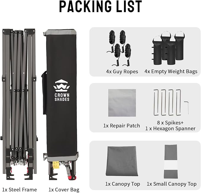 CROWN SHADES 10x10 Pop up Canopy Tent, Instant Commercial Canopy with Extend Awning, Patended Centerlock, 150D Silver Coated Fabric, 4 Ropes, 8 Stakes, 4 Weight Bags, STO 'N Go Bag, Grey
