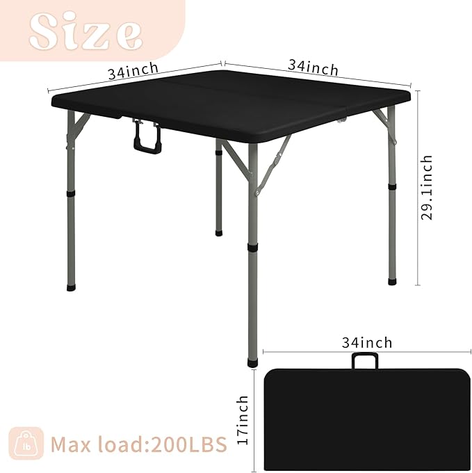 Set of 2 Square Folding Table 34in Multi-Functional Portable Folding Card Table with Carrying Handle for Indoor Outdoor Camping,Picnic, Office, Party Use HDPE Plastic Tabletop with Metal Frame(Black)