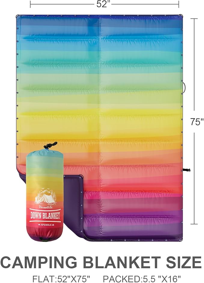 APSMILE Outdoor Down Blanket | Extra Warm & Puffy Camping Blanket | Water-Resistant, Lightweight, Packable Sleeping Quilt for Camp, Travel, Hiking, Picnic, Backpack (Rainbow HD Printed, 52"x75")