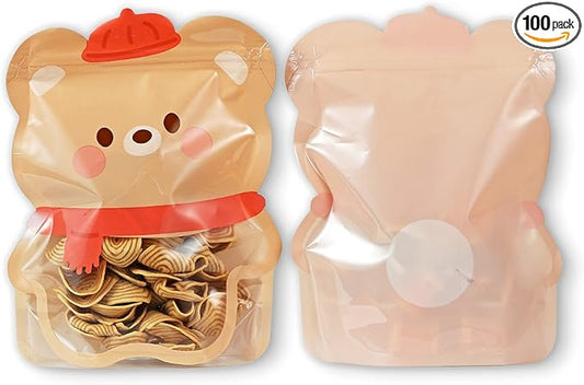 QQ Studio Pack of 100 Goodie Bags with Animal Design Strand Strong Resealable Pouches Perfect for Gift Treats and Favor with Clear Window 7 Inch x 8.75 Inch (Brown Bear)