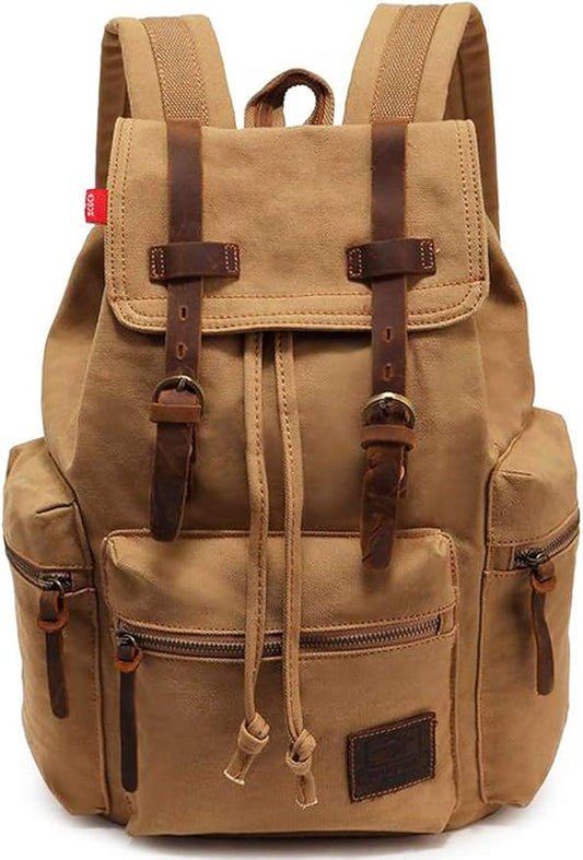 HuaChen Vintage Canvas Travel Backpack with Leather Trim, Laptop Padded Sleeve, Hidden Back Security Pocket, Fits 15-Inch, M32 Khaki Large