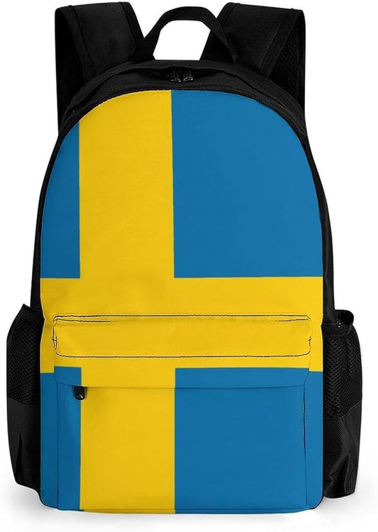 Daypack Bookbag Multipurpose Anti-Theft Big Capacity Carry On Bag, Sweden Flag Travel Hiking Camping Rucksack With Padded Straps