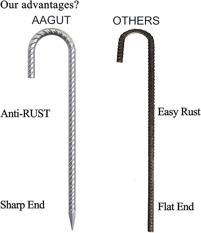 AAGUT 12 Inch Rebar Stakes J Hook 16 Pcs 3/8" Chain Link Fence Stakes Heavy Duty Galvanized Steel Tent Stakes Ground Anchors for Hard Firm Soil, Silver