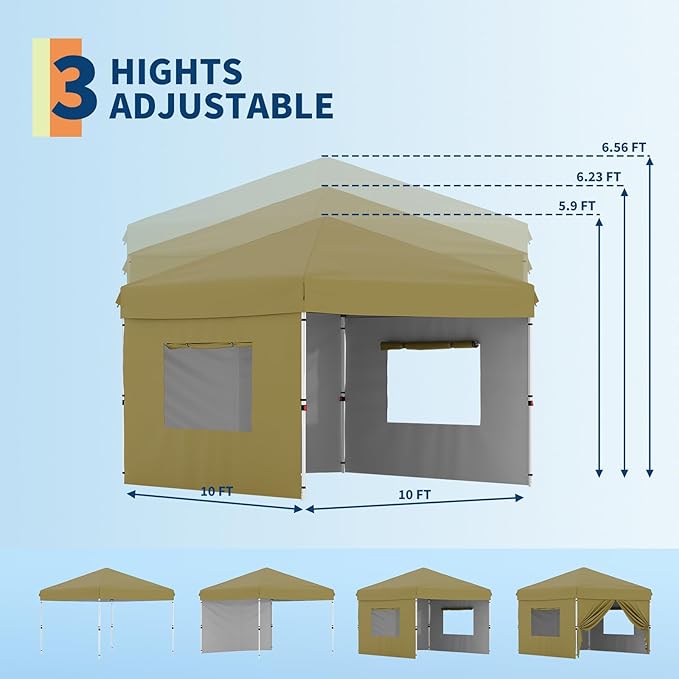 10x10 Pop Up Canopy Tent Outdoor Canopy with 3 Removable Sidewalls One-Person Set Up Heavy Duty Commercial Instant Tent Shelter-Khaki