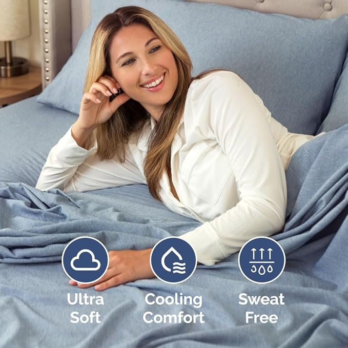 Full XL Bed Sheet - 4 Piece Full XL Bed Sheets Set - Soft, Breathable & Cooling - Hotel Luxury Bedding for Women, Men, Kids, Teens, Boys & Girls - Deep Pockets, Fade & Wrinkle Free - Heathered Blue