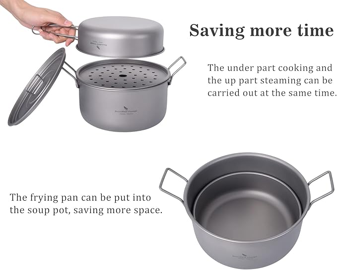 Boundless Voyage Multifunctional Titanium Steamer Pot with Frying Pan and Vented Lid Outdoor Camping Backpacking Kitchen
