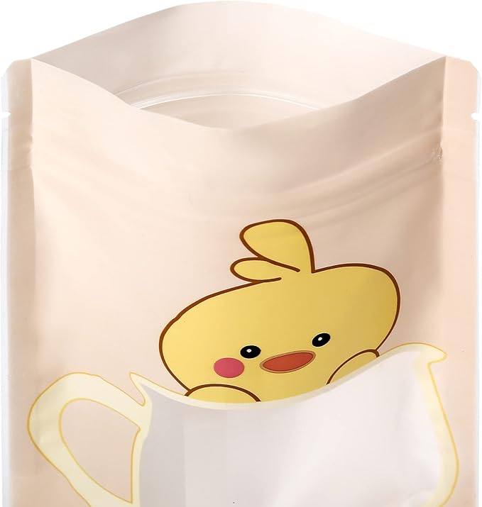 QQ Studio 100 Animal Designed Snack Bags, Plastic Bakery Bags, Cute Favor Bags for Snacks, Pastel Cookie Bags with Window, Zipper Seal Treat Storage Bags (6.25 Inch x 9 Inch, Peachy Duckling)