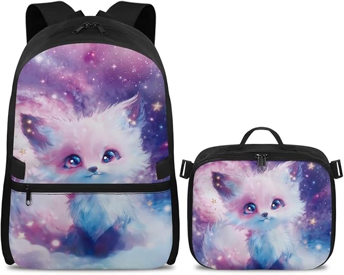 HUGS IDEA Cosmic Fox School Backpack for Girls 2 in 1 Kids Bookbag Set with Lunch Box for Preschool Kindergarten School Lightweight 17 Inch School Bag for Girls 4-6 Kids Travel Daypack