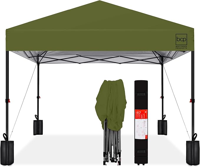 Best Choice Products 12x12ft Pop Up Canopy Tent, Outdoor Shade, 1 Person 1 Minute Set Up, Carry Case, 4 Weight Bags - Olive Green