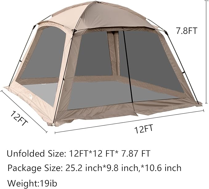 12x12 Ft Screen House Tent - Instant Pop Up Mesh Canopy Shelter with Waterproof & Sunshade Roof, Easy Setup for Camping, Backyard, Beach, Picnic