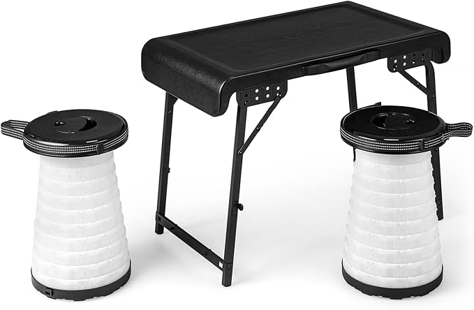 Tangkula 3 Piece Camping Set, Folding Table with 2 Collapsible LED Stools, Carry Handle, Portable & Lightweight for Outdoor Hiking Camp Picnic Fishing