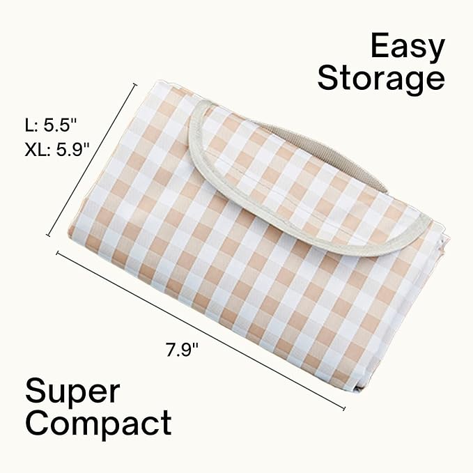 ESLA Cute Gingham Picnic Blanket, Waterproof Foldable, in Large 80x60in and Extra Large 80x80in, Portable Compact Beach Blanket, Oversized XL Outdoor Mat, Tan Gingham