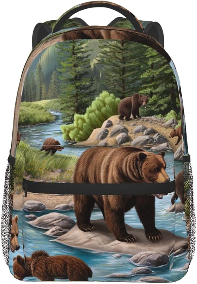 Rucksacks Lightweight Multipurpose Anti-Theft Bears Lovers Mountain River Pattern Shoulder Bag Big Capacity Traveling Camping Backpack With Side Pockets