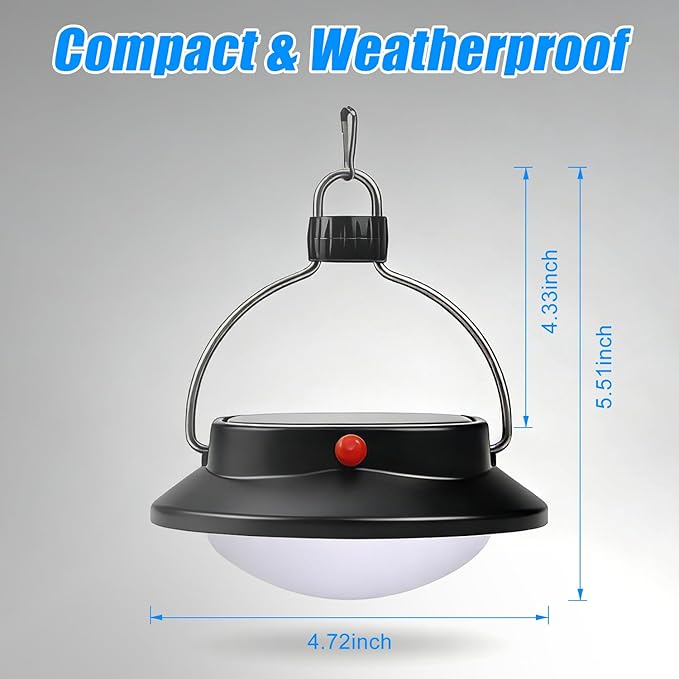 Portable Solar LED Camping Lantern, Lightweight & Compact 2000mAh Rechargeable Tent Light for Camping, Hiking, Backpacking, Fishing & Emergency Use, 350 Lumens, 5 Lighting Modes, IP67 Waterproof