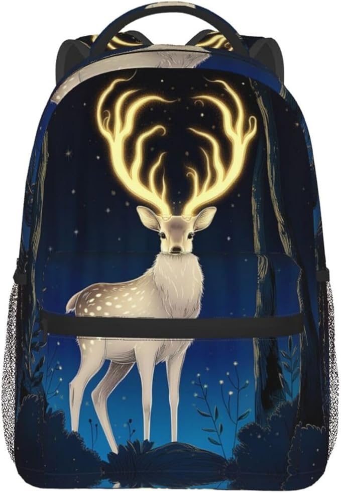 Daypack Bookbag Anti-Theft Multipurpose Large Capacity Bookbag, Mysterious Gold Elk Art Travel Hiking Camping Rucksack With Adjustable Shoulder Straps