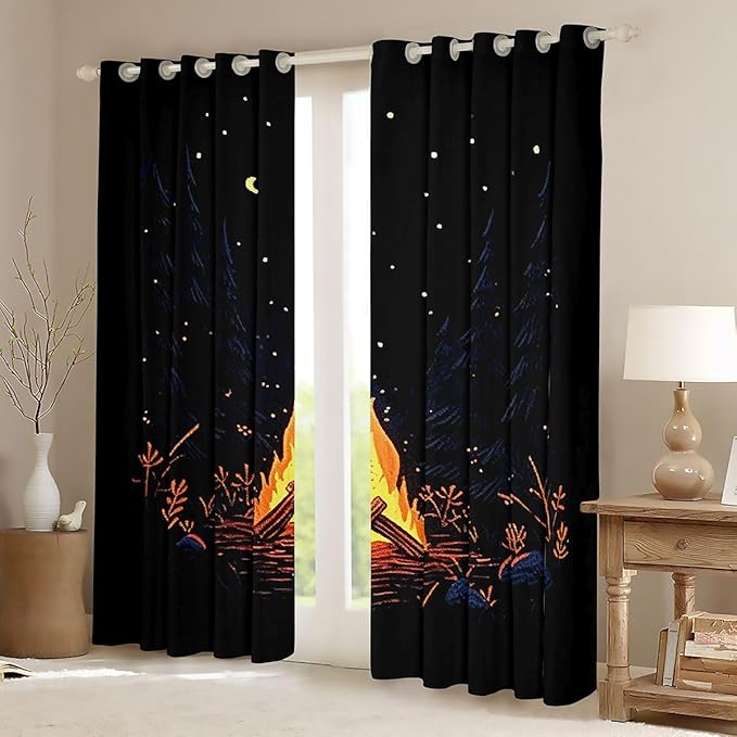 Feelyou Vintage Campfire Curtains for Bedroom Living Room Camping Camper Blackout Darkening Drapes Camping Decor Window Treatments, 2 Panels 38 x 45 Inch Room Decor