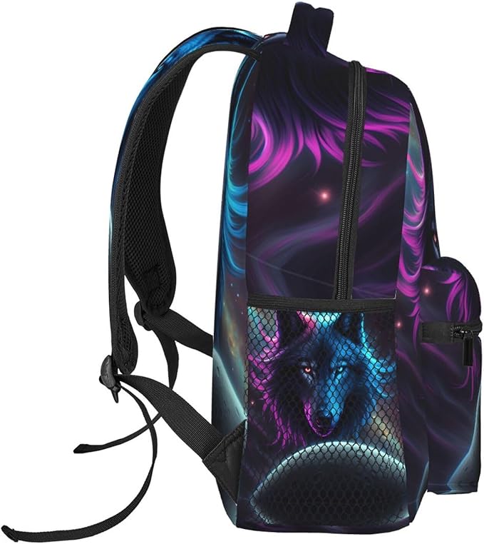 Rucksack Anti-Theft Multipurpose Big Capacity Carry On Bag, Pink And Blue Cool Wolf Moon Art Traveling Camping Backpack With Side Pockets
