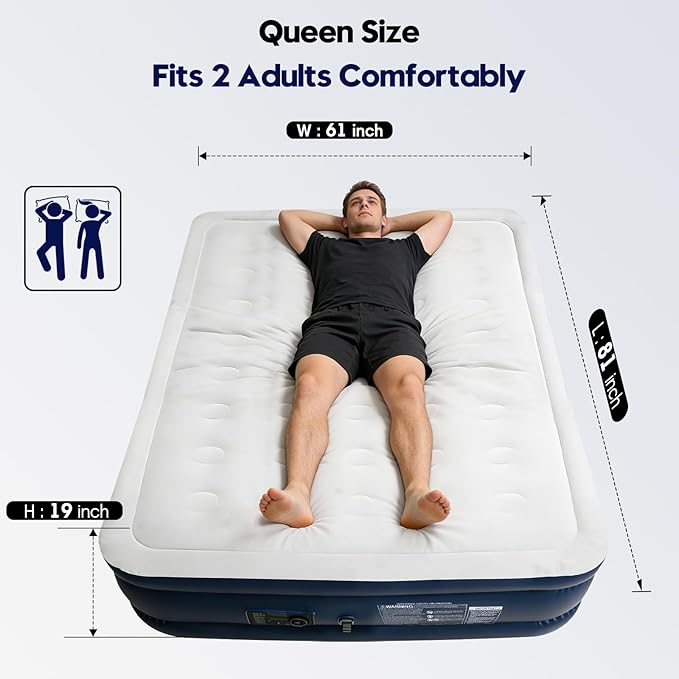 Air Mattress Queen with Built-in Pump, 19" Raised Height, 800 lbs Capacity, 3-Min Fast Inflation, Puncture-Resistant Inflatable Mattress with Storage Bag – Ideal for Guests, Camping & Travel