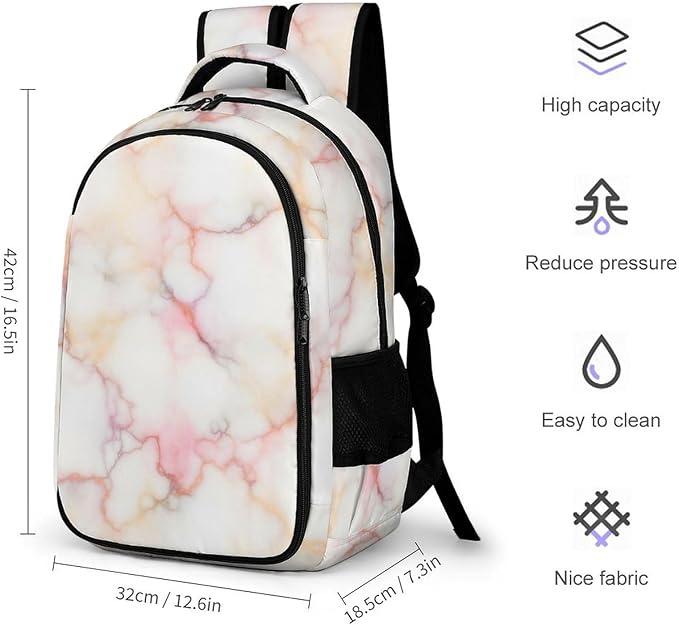 Large Capacity Laptop Backpack Pink Marble White, Sturdy Water Resistant College Bookbag with Water Bottle Pockets for Business Travel Gifts