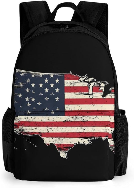Supdreamc Polyester Daypack for Hiking Work Running, Big Capacity Anti-Theft Multipurpose Shoulder Bag, American Flag Patriotic Usa Map Travel and Sport Backpack Rucksack