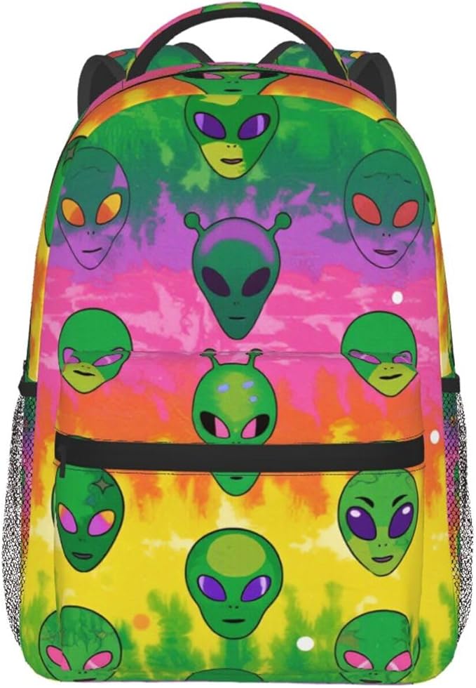 Men Women Polyester Colorful Alien Tie Dye Art Daypack Bookbag Big Capacity Shoulder Bag With Padded Straps for Climbing Travel Walking Cycling