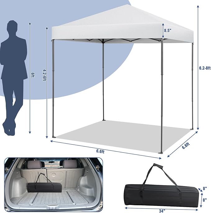 6.6 x 6.6 Ft Pop Up Canopy, 1 Person Instant Setup Canopy Tent with Push Center Lock, 8 Stakes, 4 Ropes & Carrying Bag, Portable Easy Up Gazebo Shelter for Outdoor Camp, Beach, Patio & Party