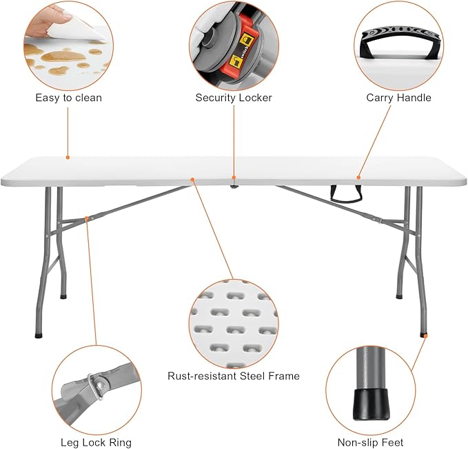 SKOK Folding Picnic Table 8 Foot, 8FT Long Plastic Picnic Table Portable with Carry Handle, White Tailgating Utility Commercial Craft Table with Heavy Duty Frame for Party & Events，330lbs