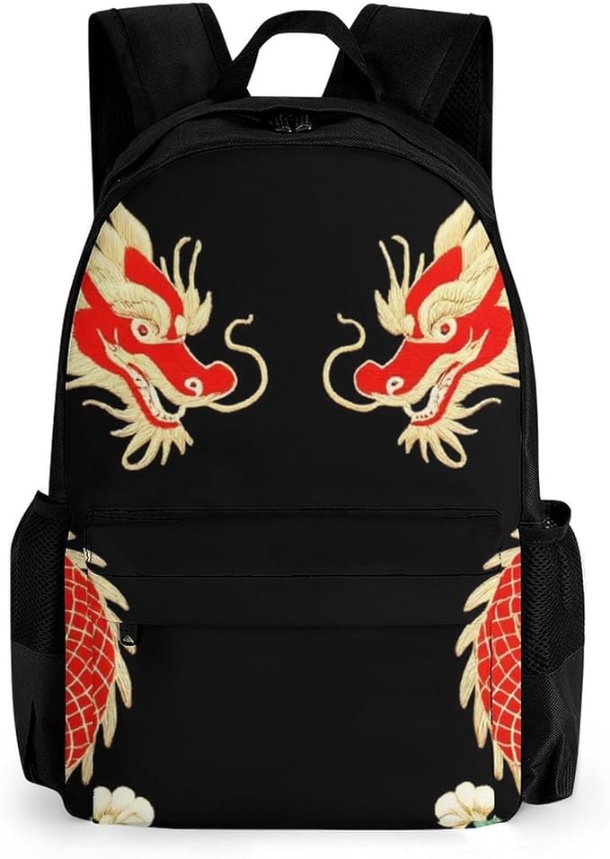 Men Women Lightweight Floral Chinese Japanese Dragon Flower Backpack Large Capacity Bookbag With Smooth Zippers for Gym Business Running