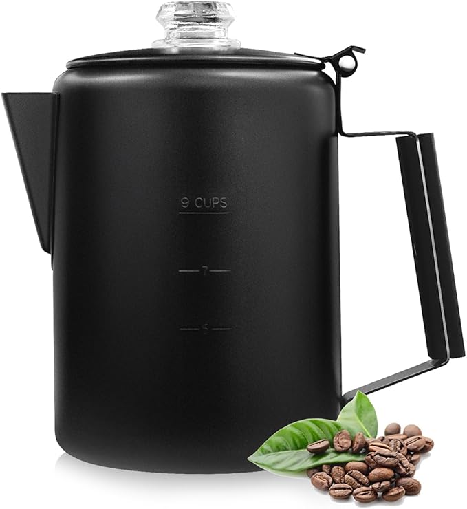 MEREZA Coffee Percolator Stovetop Camping Coffee Pot Stainless Steel 9 CUP Camping Coffee Maker Outdoor Home NO Aluminum or Plastic Black