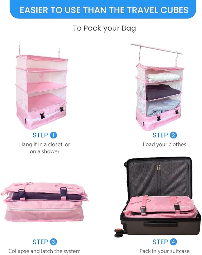 Grand Fusion Stow-N-Go Packing Organizer for Luggage, Portable Hanging Travel Shelves, Carry-On Closet, Hanging Packing Cubes, Collapsible Carry-On Organizer for Cruises & Hotels Pink - XL
