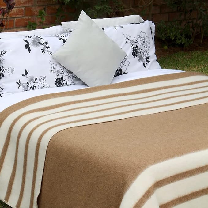 Thick Alpaca Wool Blanket Heavyweight for Camping Outdoors or Using Indoors | Soft Peruvian Alpaca Wool Blankets (Soft Camel/Ivory, Queen)