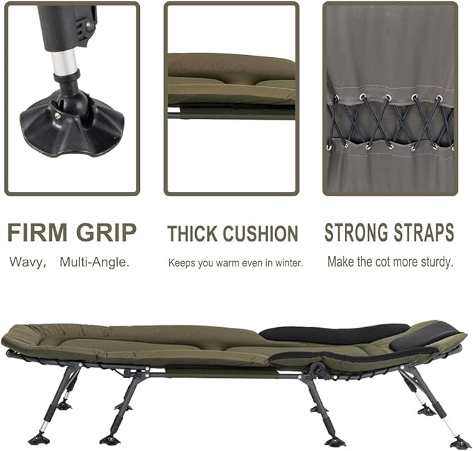 XXL Camping Cots for Adults 330Lbs with Carry Bag, Heavy Duty Folding Bed with Soft Padded Cushion, Portable Sleeping Cot for Hunting, 180° Adjustable Reclining Outdoor Lounger