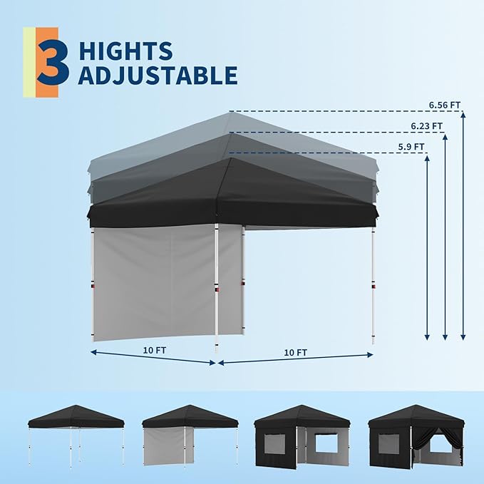 10x10 Pop Up Canopy Tent Outdoor Canopy with 1 Removable Sidewall One-Person Set Up Heavy Duty Commercial Instant Tent Shelter-Black