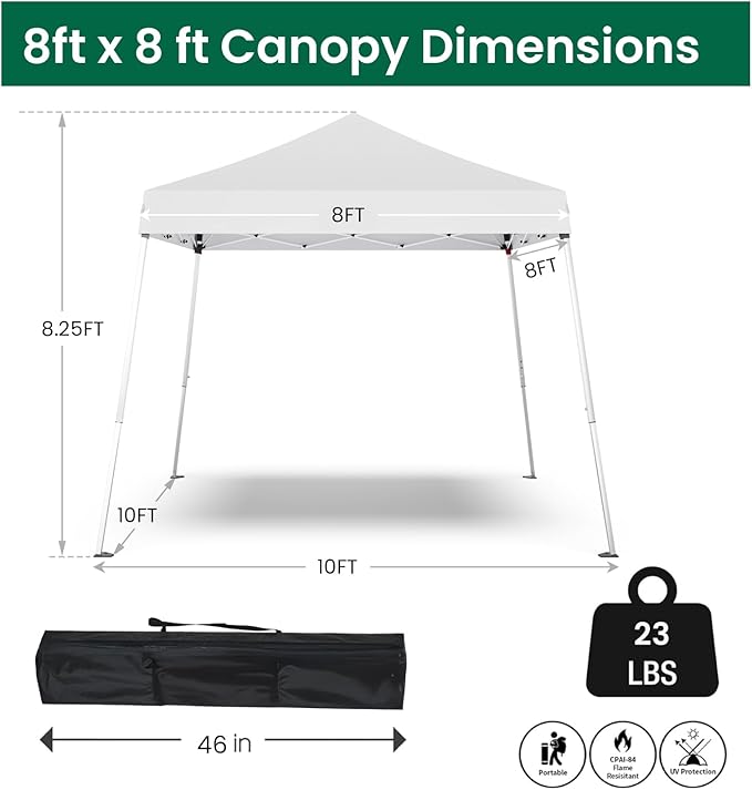 Pop-up Canopy Tent,Portable Outdoor Canopy for Parties Camping,Slant Legs Folding Tent,Sports Shelter,Beach Tent,Base 10x10 Top 8x8,3 Adjustable Height(White)