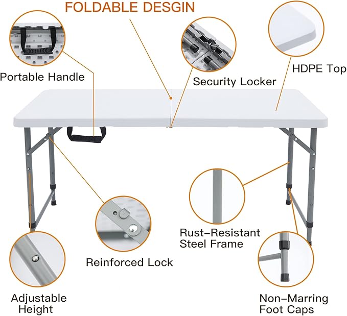 Folding Table 4-FootSmall White Plastic Utility Table Portable,Indoor and Outdoor Adjustable Height with HandleTable, Camping,Partyand Gathering
