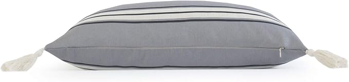 Hofdeco Neutral Decorative Lumbar Throw Pillow Cover ONLY, for Couch, Sofa, or Bed, Dark Gray Stripe Tassel, 12"x20"