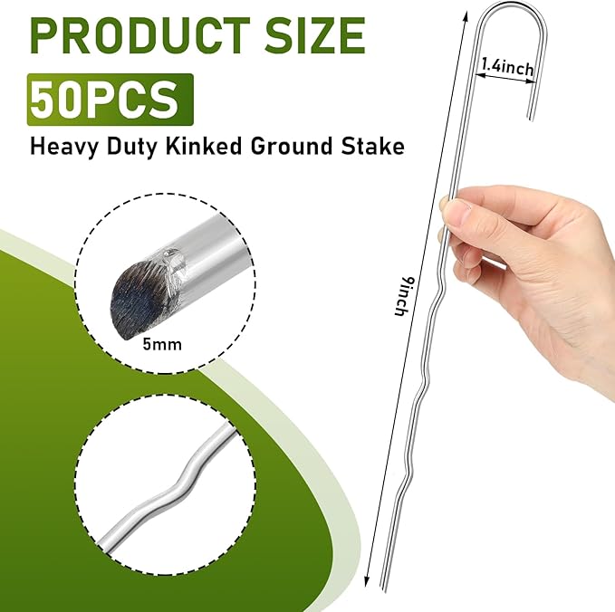 50 Pcs Kinked Ground Stakes 9 Inch Metal Garden Fence Edging Hook Heavy Duty J Shaped Galvanized Tent Fence Spikes for Dogs Digging Outdoor Awning Canopy Tarpaulin