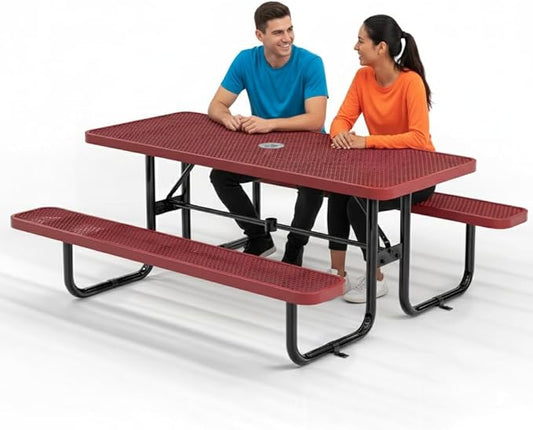 Metal Picnic Furniture for Outdoors with Umbrella Hole - Coated Steel Heavy Duty Commercial Grade Table with Adjustable Seats, Patio Set for a Lifetime (Red, 6' Rectangular)